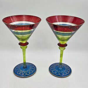Pier 1 Ruby Green Blue Gold Trim Blown Glass Martini Glasses Set of 2